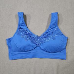 Rhonda Shear Bra XL Blue Lace Wireless Lightly Lined Adjustable Clasp Back